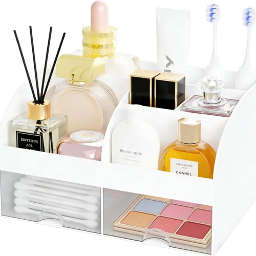 Makeup Organizer with 2 Drawers, Cosmetic Storage for Dresser Vanity and Bathroom Countertop,Make up organization and Skincare Storage with Beauty Brush Holder, Cosmetic Display Case (White)