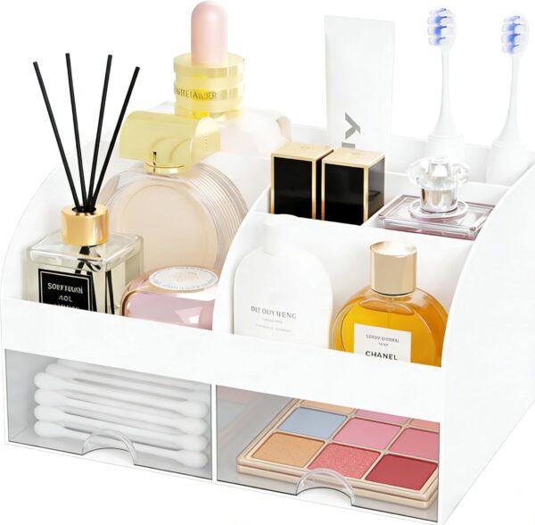 Makeup Organizer with 2 Drawers, Cosmetic Storage for Dresser Vanity and Bathroom Countertop,Make up organization and Skincare Storage with Beauty Brush Holder, Cosmetic Display Case (White) 1