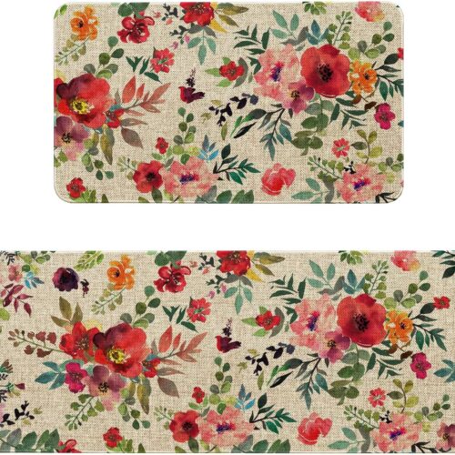 Red Pink Floral Kitchen Rugs Sets of 2 Non Slip Washable, Spring Watercolor Flower Country Farmhouse Kitchen Mats for Floor 2 Piece Indoor Home Decor