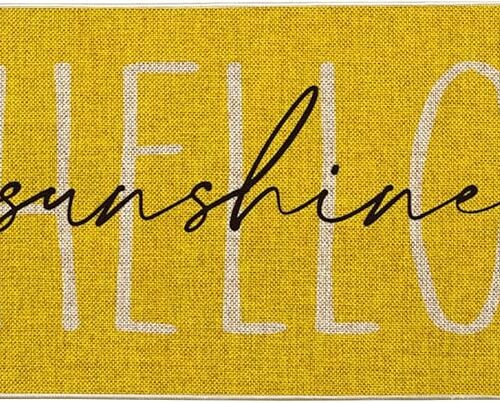 Yellow Hello Sunshine Summer Decorative Doormat, Seasonal Spring Holiday Low-Profile Floor Mat Switch Mat for Indoor Outdoor 17 x 29 Inch