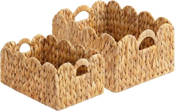 Set of 2 Scalloped Edge Wicker Storage Basket with Built-in Handles, Rectangle Water Hyacinth Basket for Organizing, Decorative Woven Rattan Basket for Shelf, Nursery Room 1
