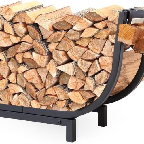 Pros Firewood Rack Outdoor and Indoor Firewood Storage with Kindling Wood Hooks. 24.5 in curved Double Coated Fire Wood Rack. Waterproof Rustproof Stable Log Holder and Fireplace Organizer