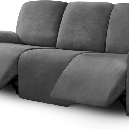 Velvet 8-Pieces Recliner Sofa Covers Stretch Reclining Couch Covers for 3 Cushion Reclining Sofa Slipcovers Furniture Covers Thick Soft Washable (3 Seater Recliner Cover, Dark Gray)