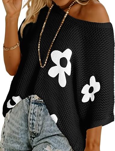 1 Womens Floral Fashion Summer Tops 2026 Short Sleeve Crochet Sweaters Swimsuit Cover Ups Lightweight Knit Pullover