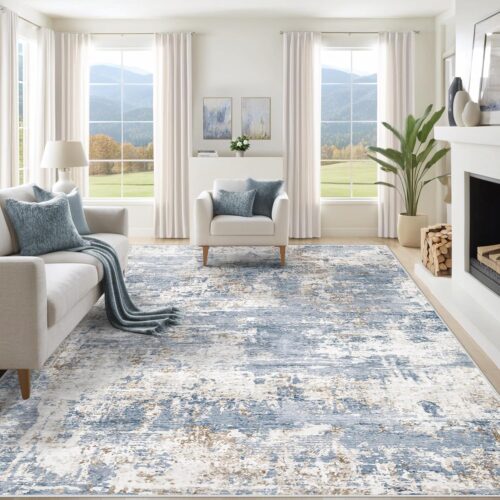 8x10 Area Rugs for Living Room, Washable Modern Abstract Large Area Rug Neutral Soft Non Slip Kids Rug Stain Resistant Indoor Carpet for Bedroom Nursery Dining Room Playroom(Blue, 8'x10')