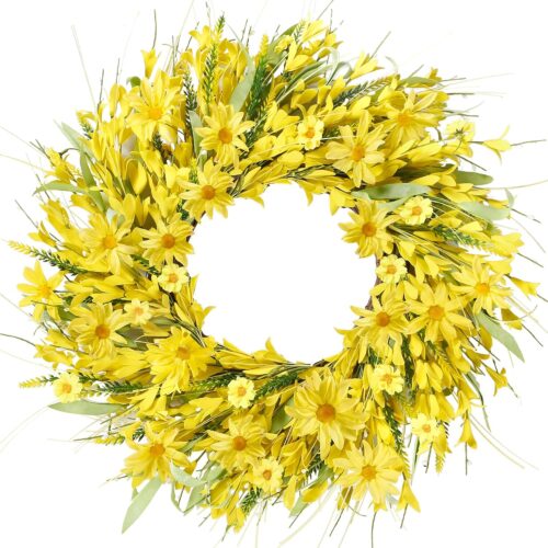 Spring Wreaths for Front Door 21 Inches Artificial Forsythia Flower Wreath Summer with Yellow Daisy Lavender Green Leaves Silk Floral for Wall Home Indoor Outdoor Decor