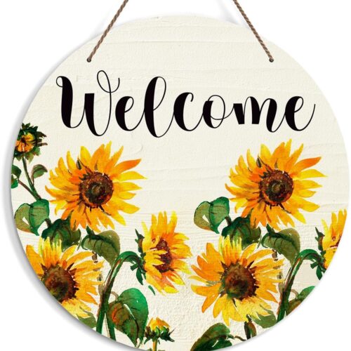 Welcome Sign for Front Door, Sunflower Welcome Door Sign Decoration, Welcome Round Decorative Wall Sign, Rustic Wooden Hanging Sign for Farmhouse Home Porch Living Room -07