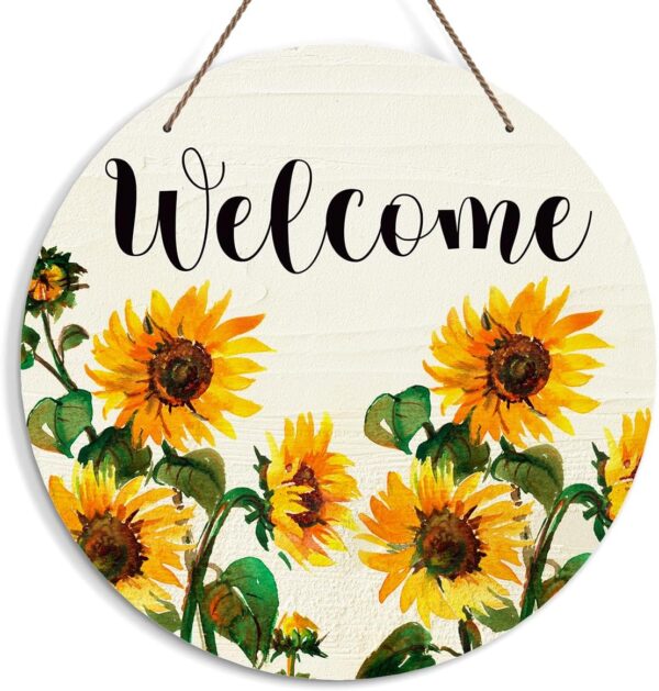 Welcome Sign for Front Door, Sunflower Welcome Door Sign Decoration, Welcome Round Decorative Wall Sign, Rustic Wooden Hanging Sign for Farmhouse Home Porch Living Room -07 1
