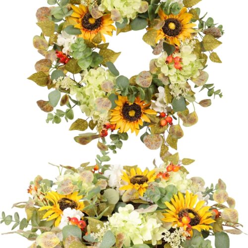 20IN Sunflower Wreath for Front Door Summer Hydrangea Wreath with Eucalyptus Leaves Orange Berries Farmhouse Door Decor for Easter, Mother’s Day, Indoor Outdoor Seasonal Wall Hanging