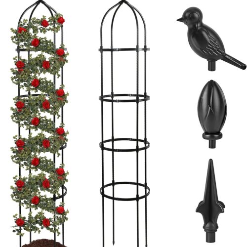 1 Pack Garden Obelisk Trellis for Climbing Plants Outdoor, 6FT Adjustable Metal Plant Support with 3 Decorative Tops, Black Rustproof Trellis for Roses, Tomatoes, Clematis & Vines