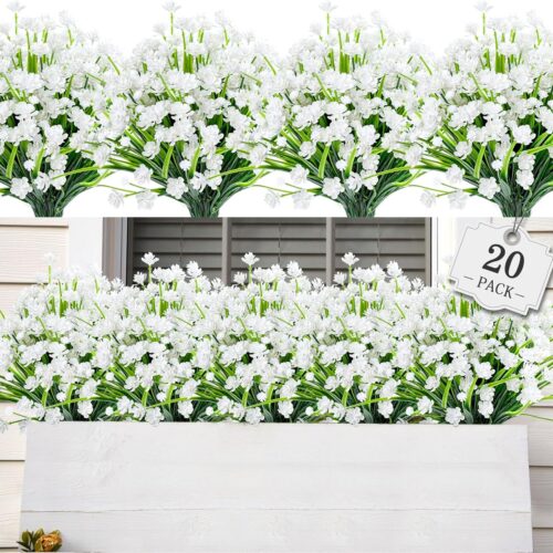 20 Bundles Artificial Flowers for Outdoor Outside Spring Summer Decoration UV Resistant Faux Flowers No Fade Fake Plastic Plants Garden Porch Window Box Decorating (Pure White)