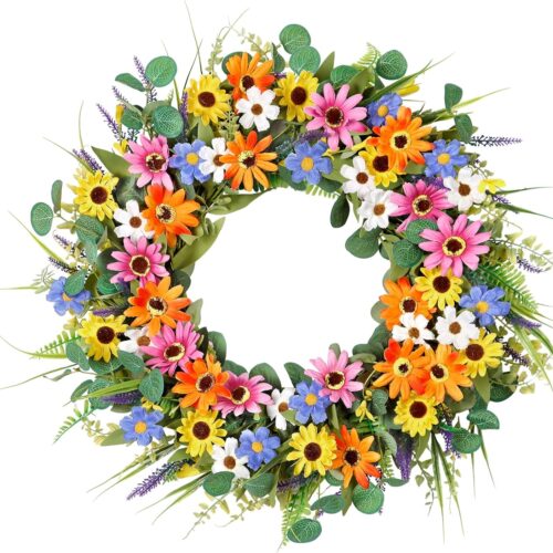 22 Inch Colorful Daisy Wreath Spring Summer Wildflower Wreath with Green Eucalyptus Leaves for Front Door Artificial Floral Wreaths Window Wall Farmhouse Wedding Party Festival Decor