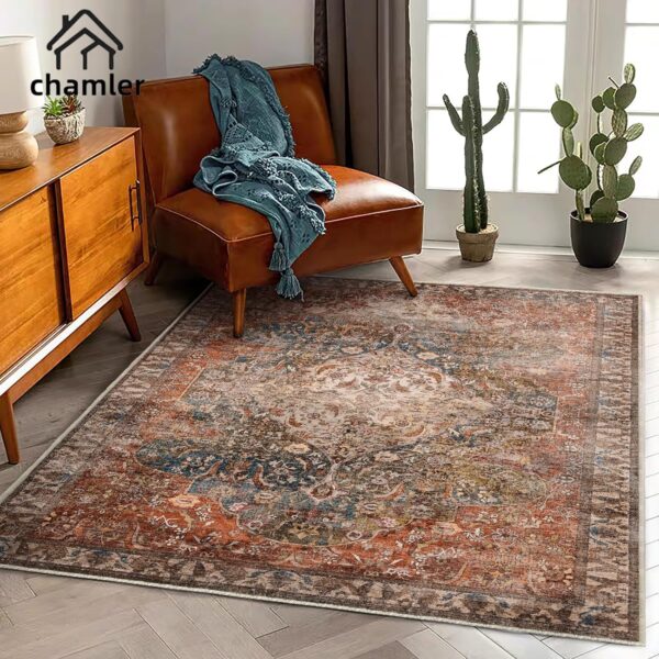 3x5 Area Rug Vintage Washable Thin Tangerine Traditional Floor Cover Foldable Indoor Distressed Non Slip Carpet Floral Print Mat Rugs for Bedroom Living Room Bathroom 1
