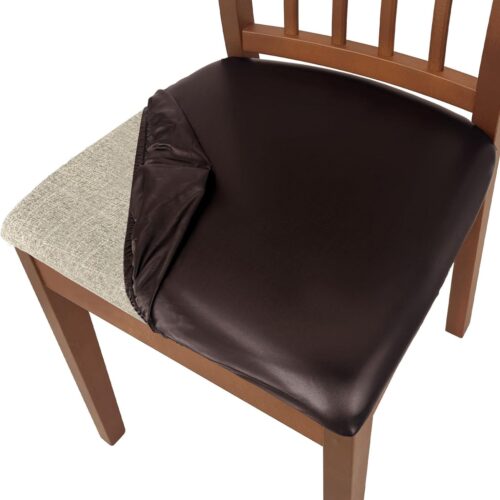 PU Leather Seat Covers for Dining Chairs, 6 Pack 100% Waterproof Dining Room Chair Seat Covers Stretch and Wipeable Kitchen Chair Cover Protectors (PU Dark Brown, 6 PCS)