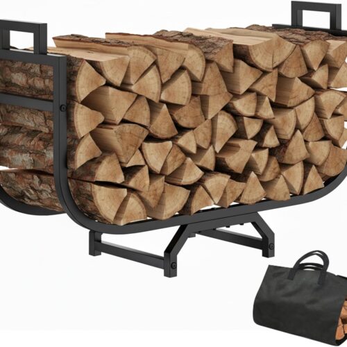 34 Inch Firewood Rack with Log Carrier Bag, Outdoor Indoor Fire Wood Rack Holder with handles, Metal Heavy Duty Log Holder Storage for Fireplace Patio Deck