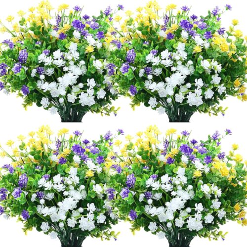 36 Bundles Artificial Flowers Outdoor, UV Resistant Faux Artificial Plants Shrubs Flower Bulk for Hanging Planter Porch Window Home Wedding Spring Summer Decor (Yellow,Purple,White)