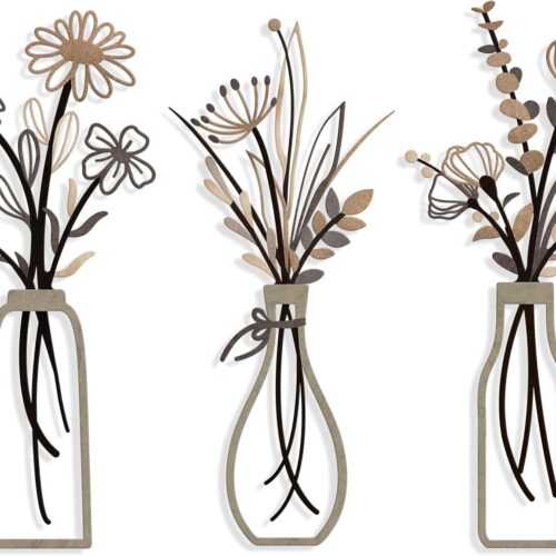 3 Pieces Metal Flowers Wall Arts - Rustic Farmhouse Style Décor Metal Wall Art Black Minimalist Flower Natural Themed Wall Decors for Home Bedroom Dining Room Housewarming (Brown)