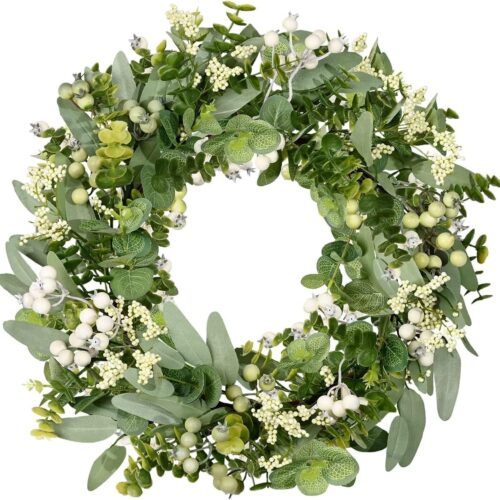 Artificial Spring Summer Christmas Greenery Wreaths for Front Door Green Eucalyptus Leaf Wreath Decor Boxwood with Big Berries for Farmhouse Outside Year Round