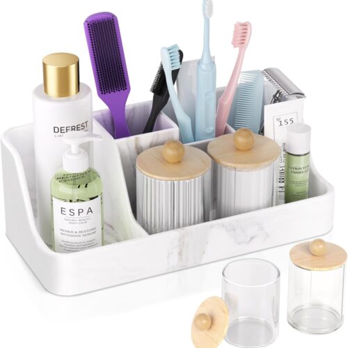 Marble Bathroom Countertop Organizer - Silicone Bathroom Vanity Countertop Organizer - Tooth Brush Organizer With 2PCS Qtip Holder Dispenser - Toothpaste Holder Drainage - Bathroom Essentials