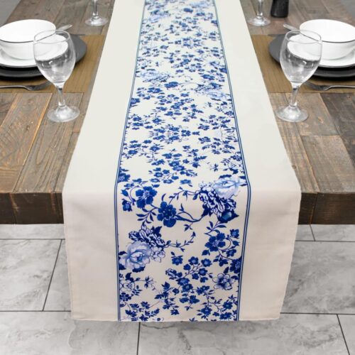 Luxury Reversible Table Runner, Multicolor, Blue, Chinoiserie Floral, Printed Table Decoration for Holidays, Parties, Weddings, Home Decorations, Coffee Table