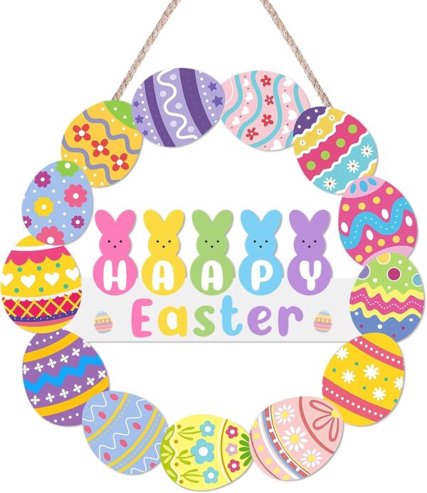 Easter Decorations Door Sign Happy Easter Bunny Eggs Wood Wreath for Front Door Wall Hanging Decor Home Spring Window Porch Mantel Farmhouse Indoor Party 1