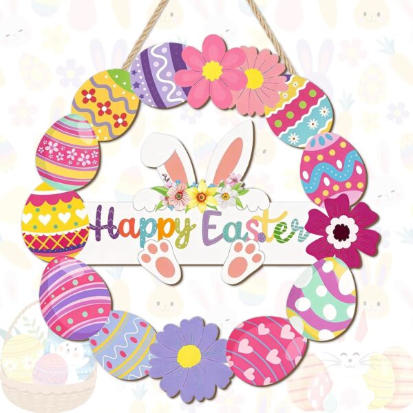 Wooden Easter Wreath for Front Door - Handmade Hollow Bunny Sign with Flowers and Eggs, Spring Wall Hanging Decor for Indoor Outdoor Home, Farmhouse Party Supplies & Easter Gifts 1