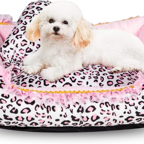 Dog Bed for Small Dogs - Cute Pink Leopard Dog Bed,Cat Beds for Indoor Cats Washable - Square Shape Cat Dog Sofa Bed Pet House Nest Cave(M, 20.8"L x 18"W x 5.5"）