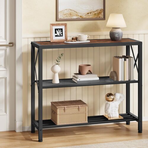 Industrial Console Table, 3-Tier Entryway Tables, Metal Frame, Sofa Table with Shelf, Hallway Tables, Entrance Desk for Entryway, Living Room, Foyer, Hallway, Rustic Brown&Black