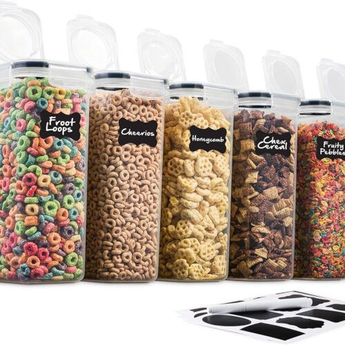 6 Pack Airtight Cereal Food Storage Container - BPA Free Plastic Kitchen and Pantry Organization Canisters for, Dry Pet Food, Flour, Sugar, Rice, Nuts, Snacks & More (135.5 Oz) Labels & Chalk Marker