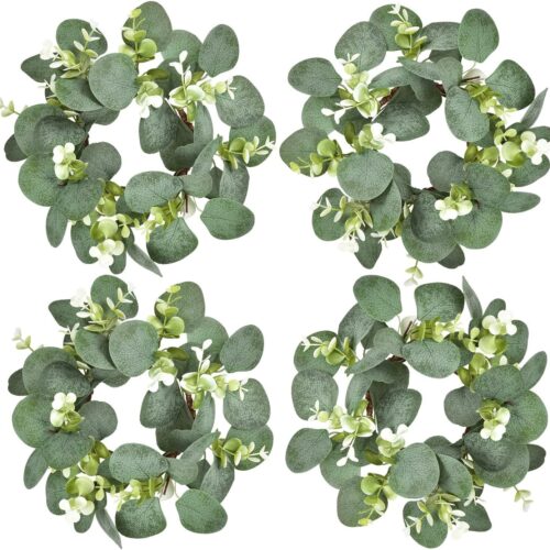 4Pcs Eucalyptus Wreath Faux Kitchen Cabinet Wreaths Artificial Greenery Wreath Farmhouse Wreath for Door Wall Window Decor, 9Inch/PC