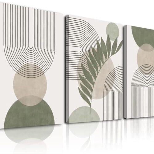 Boho Wall Art Set of 3, Minimalist Framed Wall Art Geometric Line Leaf Sun Moon Beige Green Canvas Artwork Paintings, Abstract Botanical Boho Room Decor, Office, 12"x16"