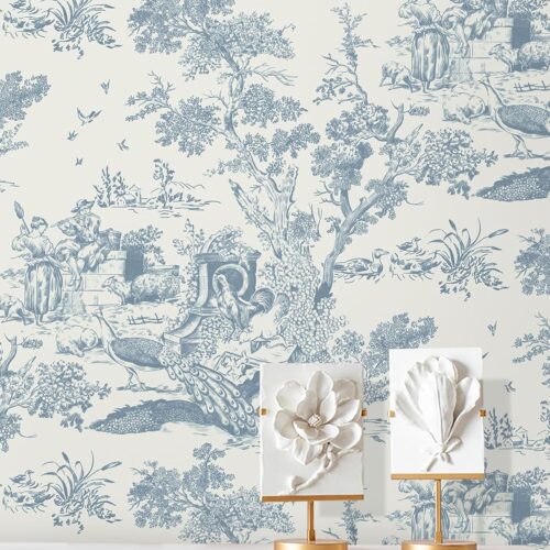 16In×197In White and Blue Peel and Stick Wallpaper for Bedroom Removable Self-Adhesive Wall Paper Vintage Toile Contact Paper for Cabinets Shelf Drawer Country Wallpaper Walls Covering