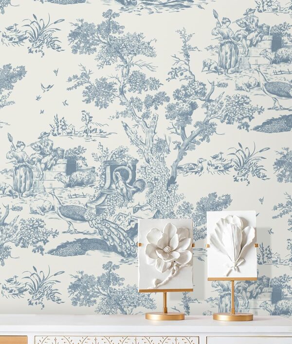 16In×197In White and Blue Peel and Stick Wallpaper for Bedroom Removable Self-Adhesive Wall Paper Vintage Toile Contact Paper for Cabinets Shelf Drawer Country Wallpaper Walls Covering 1