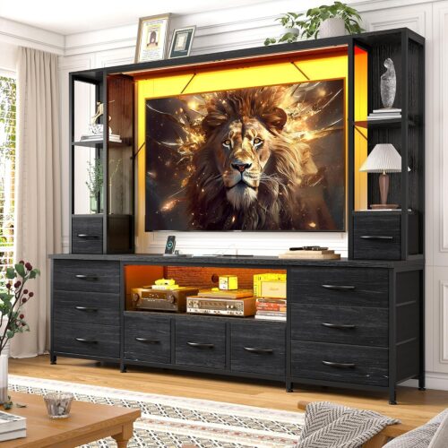 65" TV Stand for Living Room, Large Entertainment Center with 11 Fabric Drawers, 2 LED Lights & Power Outlets, Modern Dresser with Storage Shelves, Wall Unit for Bedroom, Black