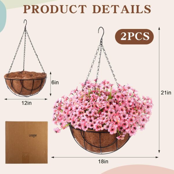 Artificial Spring Hanging Flowers in Basket for Home Decoration Faux Orchid Arrangement Porch Plants Coconut Lining Basket for Autumn Courtyard Decor(Pink, 2 Pack) 2
