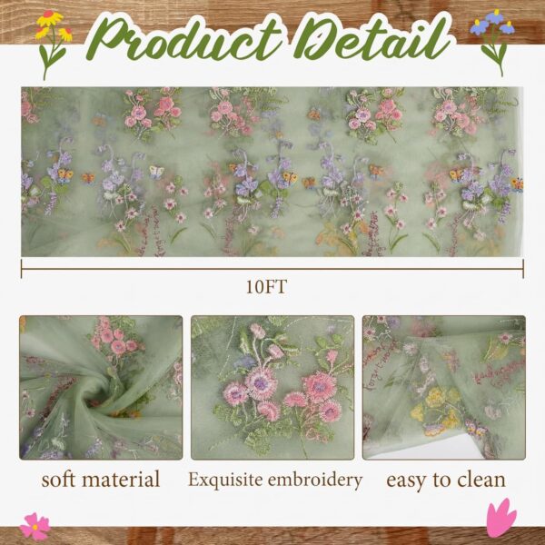 Sage Green Floral Table Runner 10ft Embroidery Tulle Spring Wildflower Table Runner Seasonal Summer Butterfly Kitchen Dining Gauze Decoration for Wedding Baby Shower Birthday Party (1 Pcs) 2