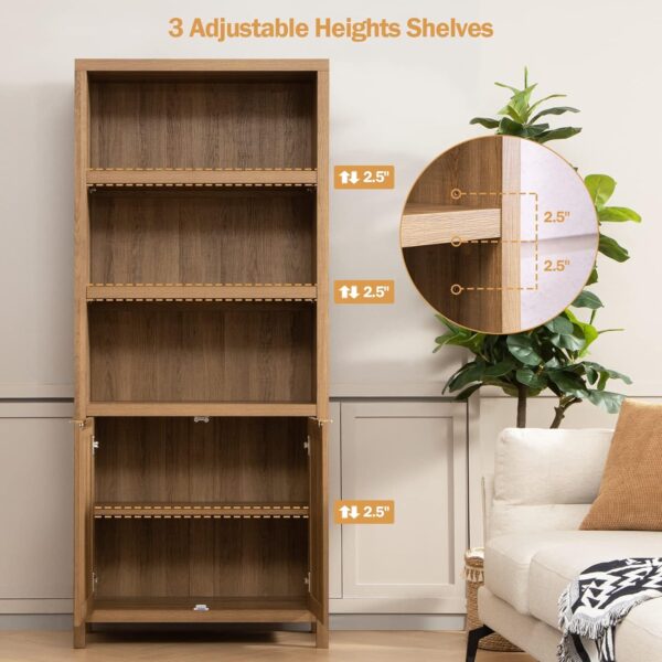Bookcase 71" Tall Bookshelf 5 Tier Rattan Boho Bookcase with Doors Storage Large Book Case Shelf Farmhouse Bookshelves Library Book Shelves for Living Room Bedroom Home Office Kitchen 2
