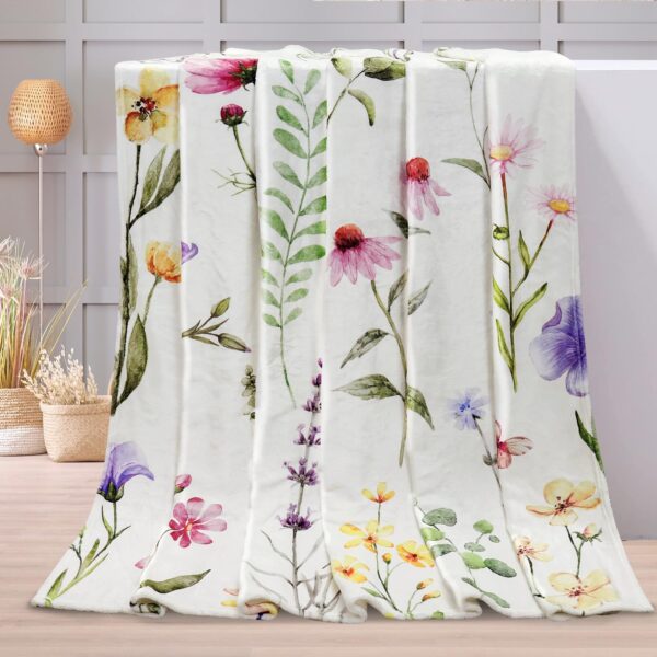 Wildflowers Throw Blanket Botanical Floral Printed Blanket Super Soft Flannel Throw Blankets Lightweight Fluffy Plush Fuzzy Bed Blankets for Bedding Sofa 50"X60" 1