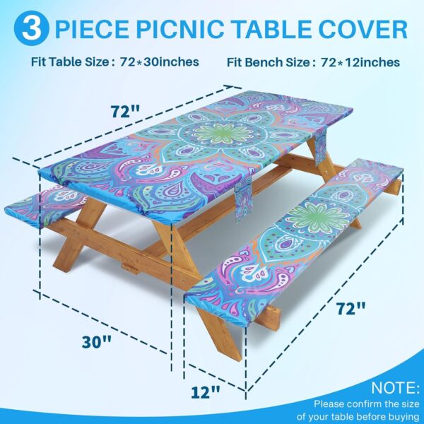 Picnic Table Cover with Bench Covers Fitted Waterproof Camping Tablecloth with Elastic for 6 Foot Rectangle Tables Outdoor Travel Rv Essentials Summer Vacation Accessories Gifts for Men Women 2