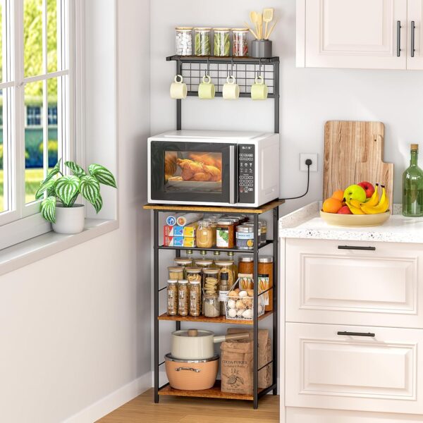 5 Tier Coffee Bar Station, Kitchen Stand with 4 S-Shaped Hooks, Farmhouse Corner Coffee Bar Cabinet for Small Spaces, Bakers Rack for Kitchen, Entryway, Living Room, 13.43"D x 18.93"W x 53.31"H 2