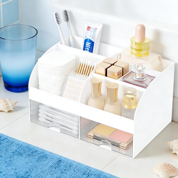 Makeup Organizer with 2 Drawers, Cosmetic Storage for Dresser Vanity and Bathroom Countertop,Make up organization and Skincare Storage with Beauty Brush Holder, Cosmetic Display Case (White) 2