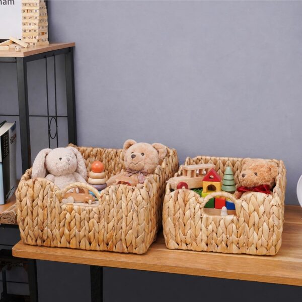 Set of 2 Scalloped Edge Wicker Storage Basket with Built-in Handles, Rectangle Water Hyacinth Basket for Organizing, Decorative Woven Rattan Basket for Shelf, Nursery Room 2