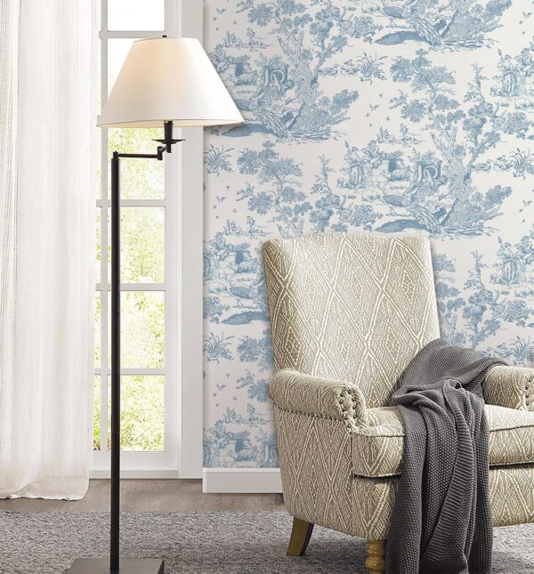 16In×197In White and Blue Peel and Stick Wallpaper for Bedroom Removable Self-Adhesive Wall Paper Vintage Toile Contact Paper for Cabinets Shelf Drawer Country Wallpaper Walls Covering 2