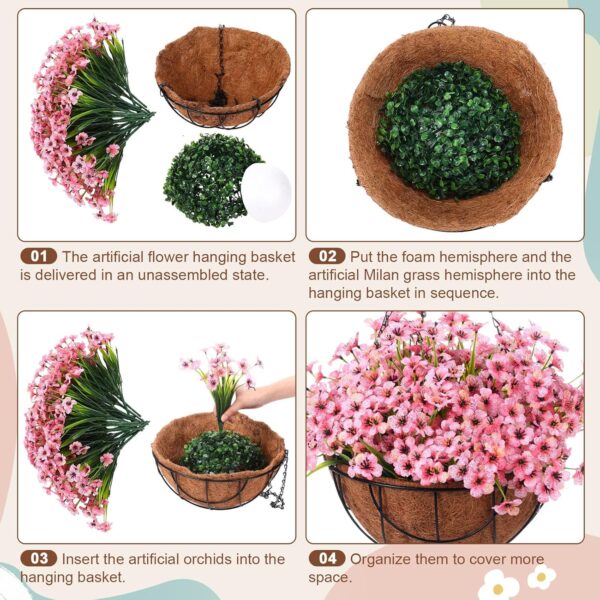Artificial Spring Hanging Flowers in Basket for Home Decoration Faux Orchid Arrangement Porch Plants Coconut Lining Basket for Autumn Courtyard Decor(Pink, 2 Pack) 3