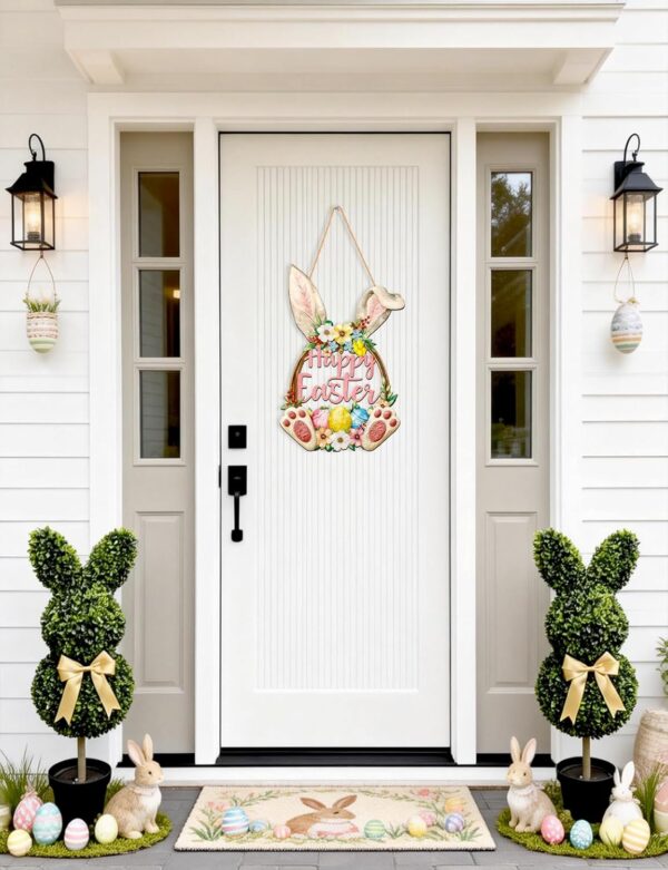 Wooden Easter Door Wreath - Hollow Bunny Sign with Flower Egg Wall Decor for Front Door, Spring Welcome Hanging Outdoor Indoor Home Party Supplies 3