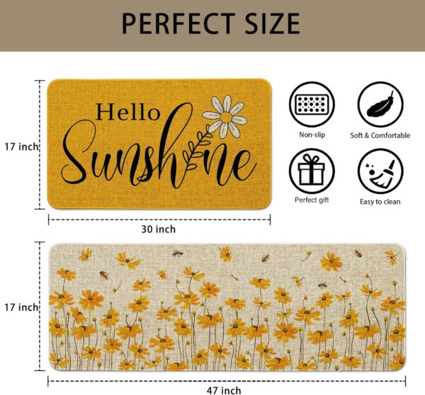 Spring Summer Floral Kitchen Rugs Sets of 2 Non Slip Washable, Hello Sunshine Yellow Daisy Spring Flower Summer Kitchen Mats for Floor 2 Piece Home Decor 3