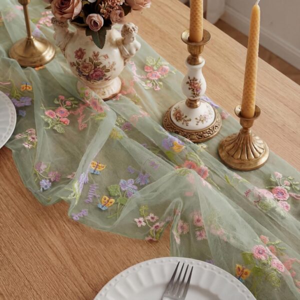 Sage Green Floral Table Runner 10ft Embroidery Tulle Spring Wildflower Table Runner Seasonal Summer Butterfly Kitchen Dining Gauze Decoration for Wedding Baby Shower Birthday Party (1 Pcs) 3