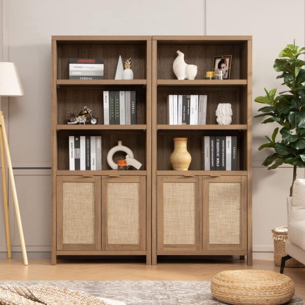 Bookcase 71" Tall Bookshelf 5 Tier Rattan Boho Bookcase with Doors Storage Large Book Case Shelf Farmhouse Bookshelves Library Book Shelves for Living Room Bedroom Home Office Kitchen 3