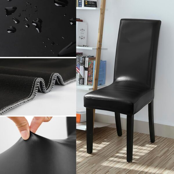 Dining Chair Covers, Solid Pu Leather Waterproof and Oilproof Stretch Dining Chair Protector Cover Slipcover (Black, 4 Pack) 3