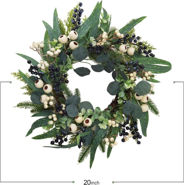 All Season Front Door Wreath 20 Inch - Summer Wreaths for Front Door Outside, Winter Wreath Olive Eucalyptus Leaves with Mixed White Berries for Farmhouse Home Porch Wall Window Wedding Holiday Decor 3